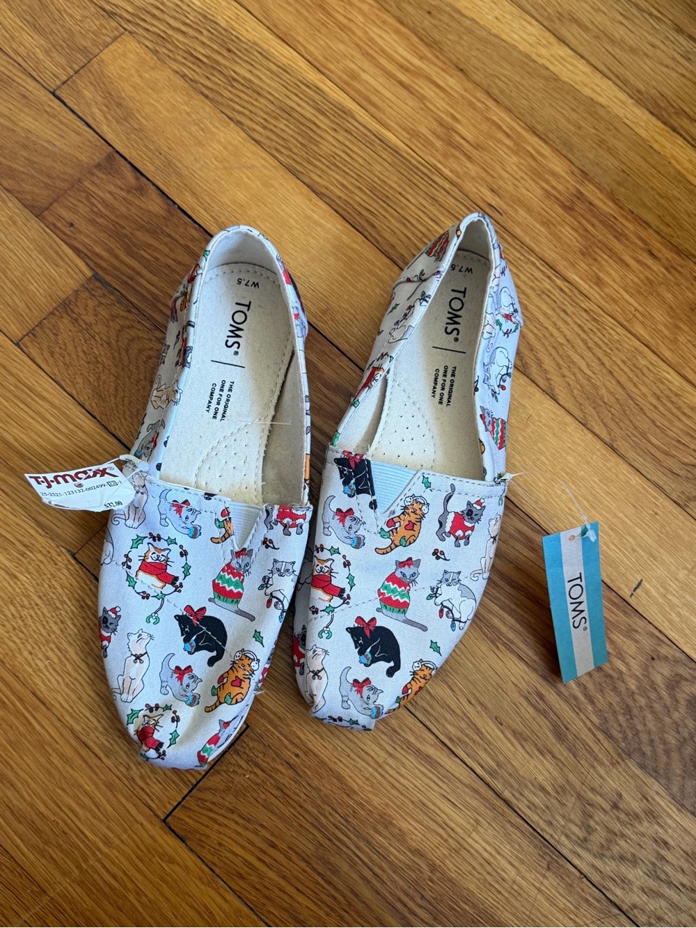 TOMS  Canvas Slip-On Shoes in White with Festive Cat Print
